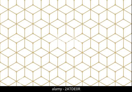 Golden lines, hexagons, rhombs and nodes seamless pattern. Geometric abstract repeating texture with intersecting hexagonal shapes. Gold colored backg Stock Vector