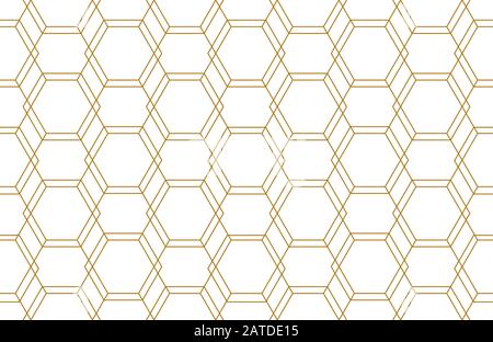 Golden lines, hexagons, rhombs and nodes seamless pattern. Geometric abstract repeating texture with intersecting hexagonal shapes. Gold colored backg Stock Vector