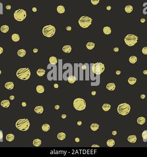 Random golden dots hand drawn by marker. Seamless pattern with gold colored spots on black background. Original texture for prints, textile, wallpaper Stock Vector