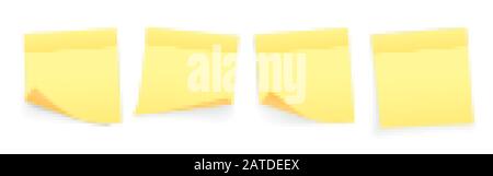 Collection of yellow colored sheets of note papers with curled corner and shadow, ready for your message. Realistic. Isolated on white background. Set Stock Vector