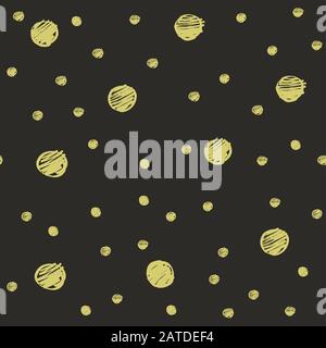 Random golden dots hand drawn by marker. Seamless pattern with gold colored spots on black background. Original texture for prints, textile, wallpaper Stock Vector