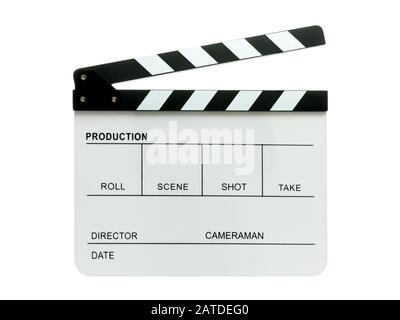 open movie clapper board isolated on white Stock Photo