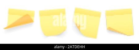 Collection of yellow colored sheets of note papers with curled corner and shadow, ready for your message. Realistic. Isolated on white background. Set Stock Vector