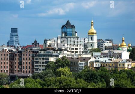 Aerial top view of Kiev churches on hills from above, Kyiv city, Ukraine Stock Photo