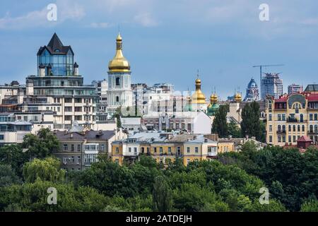 Aerial top view of Kiev churches on hills from above, Kyiv city, Ukraine Stock Photo