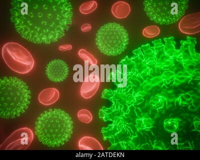 Coronavirus cells in human body. Respiratory virus in microscopic view ...