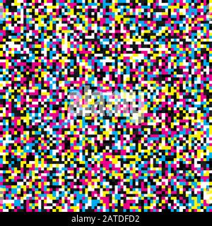 Pixel mosaic seamless pattern in CMYK tones. Repeating texture with cyan, magenta, yellow and black square points. Geometric vector background. Stock Vector