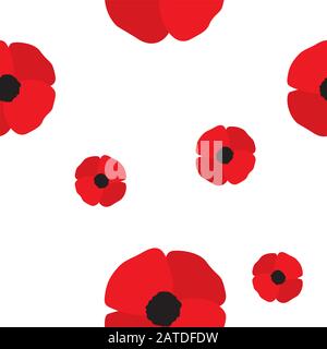 Red poppy seamless pattern. Repeating texture with flowers. Simple vector floral continuous background in flat style. Stock Vector
