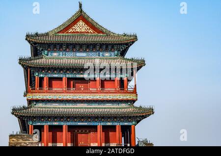 China, Beijing, Forbidden City Different design elements of the colorful buildings rooftops closeup details. Stock Photo