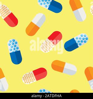 Stylized medication seamless pattern. Medical pills and tablets texture in flat style. Pharmacology continuous wrapping background. Health care vector Stock Vector