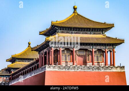 China, Beijing, Forbidden City Different design elements of the colorful buildings rooftops closeup details. Stock Photo