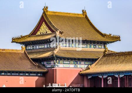 China, Beijing, Forbidden City Different design elements of the colorful buildings rooftops closeup details. Stock Photo