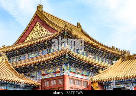 China, Beijing, Forbidden City Different design elements of the colorful buildings rooftops closeup details. Stock Photo