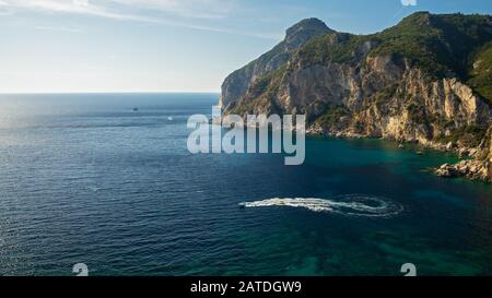 The mountainous coast of the Greek island of Corfu on the Ionian sea Stock Photo