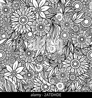 Hand drawn seamless pattern with leaves and flowers. Doodles floral ornament. Black and white decorative elements. Perfect for wallpaper, adult coloring books, web page background, surface textures. Stock Vector