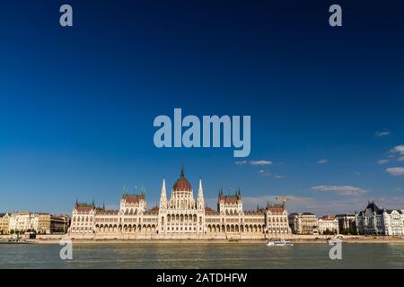 The Hungarian Parliament Building from across the river, Hungary, Budapest, copyspace at top. Stock Photo