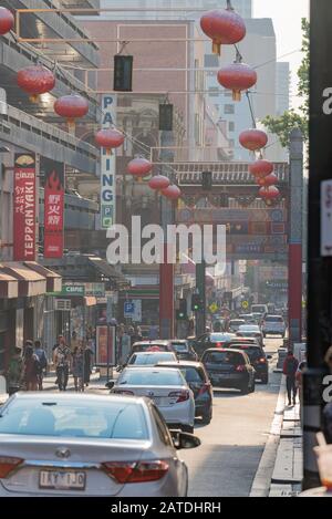 Melbourne, Australia Dec 20th, 2019: Little Bourke Street in China Town precinct is filled with smoke haze from the New South Wales bushfires. Stock Photo