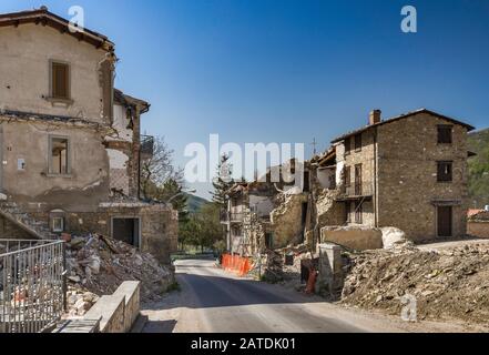 Ruined houses in village of Piedilama, destroyed by earthquakes in October 2016, Monti Sibillini National Park, Central Apennines, Marche, Italy Stock Photo