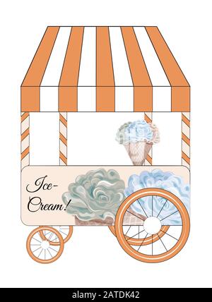 Ice Cream Stand for buying and selling tasty ice cream cones. Picture in hand drawing cartoon style. Stock Vector
