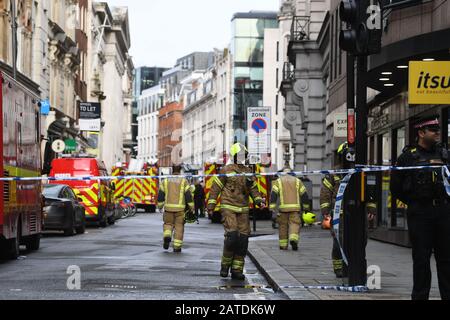 Emergency services at the scene of a fire in London's historic law district in Holborn's Chancery Lane. Stock Photo