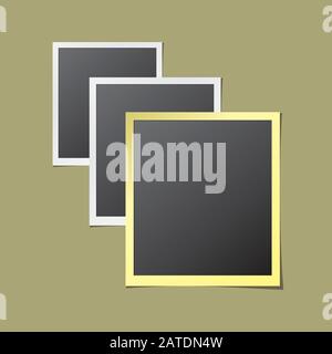 Three paper photo frames in white and golden colors isolated mock up. Realistic slide template with blank space for your image. Detailed vector eps10 Stock Vector