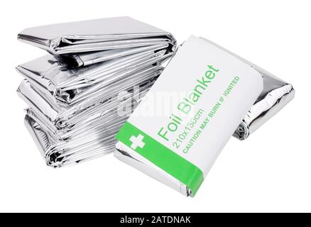 Emergency foil space blankets isolated on a white background Stock Photo