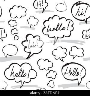 Hello and Hi phrases inside speech bubbles. Seamless pattern in black and white colors. Hand drawn by felt pen vector repeating background. Stock Vector