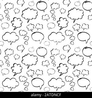 Seamless pattern with speech bubbles and thought clouds. Black and white colors. Hand drawn by felt pen vector repeating background. Stock Vector