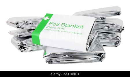 Emergency foil space blankets isolated on a white background Stock Photo