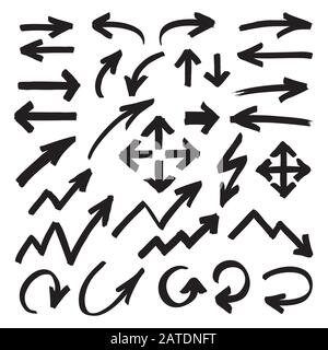 Set of marker arrows, pointers and arrowheads hand drawn by highlighter. Black felt pen shapes isolated on white. Vector symbols in eps8. Stock Vector