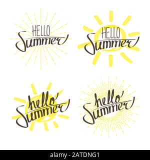 Set of lettering compositions with phrase Hello Summer. Hand written vector eps10 illustration. Can be used for greeting card, poster, t-shirt design Stock Vector