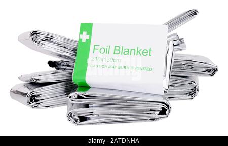 Emergency foil space blankets isolated on a white background Stock Photo