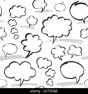 Seamless pattern with speech bubbles and thought clouds. Black and white colors. Hand drawn by felt pen vector repeating background. Stock Vector