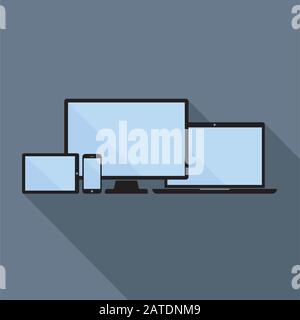 Smartphone, tablet, laptop and desktop computer icons. Set of device icons in flat style. Digital devices mockup with blank display. Responsive design Stock Vector