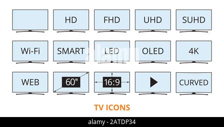 Modern TV icons in flat style with some technical parameters on blue color screens. LED smart television set symbols isolated on white background. Vec Stock Vector