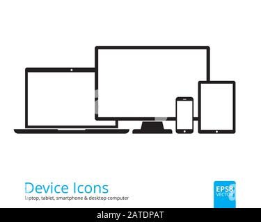 Device icons smartphone, tablet, laptop and desktop computer. Set of flat device icons isolated on white background. Flat modern devices mockup with b Stock Vector