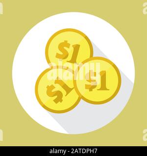 Three US dollar golden coins. Flat vector icon. American currency symbol. Stylized eps8 illustration. Stock Vector