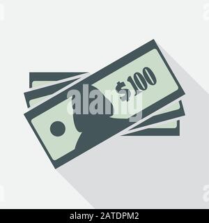 One hundred dollars banknotes stack. Flat icon. American currency note symbol. USA bucks vector pictogram. Greenback stylized eps8 illustration. Stock Vector