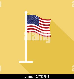 National flag of USA on flagpole vector flat icon. Vector icon of American flag in flat style with long shadow. Flat icon with star-spangled banner. V Stock Vector