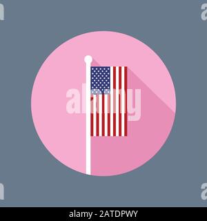 Vector flat icon of USA national flag in vertical position on flagpole. American flag in flat style with long shadow. Flat icon with star-spangled ban Stock Vector