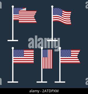 USA flags on flagstaffs vector flat icons. Set of American flags on flagstaffs in flat style. Flat icons with national star-spangled banner. Vector il Stock Vector