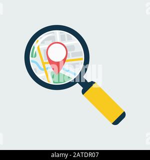 Map inside magnifier flat icon. Magnifying glass with handle zooming fragment of a navigational map focused on gps symbol. Colored vector eps8 illustr Stock Vector