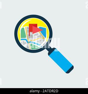 Map inside magnifier flat icon. Magnifying glass with handle zooming ...