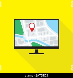 Navigation application on desktop computer screen. Map with GPS location mark displayed on LCD monitor. Flat style icon. Vector eps8 illustration. Stock Vector