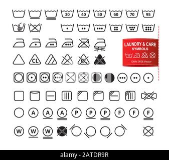 Icon set of laundry symbols in modern thin line flat design style. Clothing washing, bleaching, drying, ironing, cleaning pictograms. Garment care lab Stock Vector
