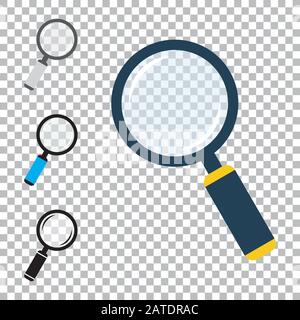 Magnifier flat icons set. Loupe symbols. Magnifying glass with handle. Colored vector eps10 illustration with transparency. Stock Vector