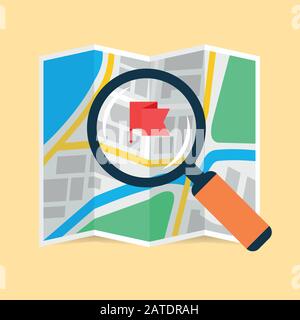 Magnifier over navigational map flat icon. Magnifying glass with handle zooming fragment of a folding paper map focused on flag symbol. Colored vector Stock Vector