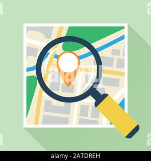 Magnifier over navigational map flat icon. Magnifying glass with handle zooming fragment of a folding paper map focused on gps symbol. Colored vector Stock Vector