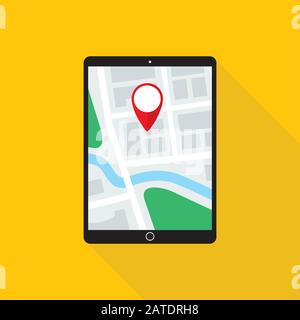 Navigation application on tablet computer screen. Map with GPS location mark displayed on LCD monitor. Flat style icon. Vector eps8 illustration. Stock Vector