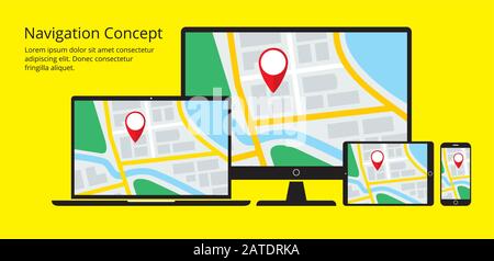 Concept of responsive navigation application for desktop computer, laptop, tablet PC and smartphone. Map with GPS location mark displayed on some devi Stock Vector